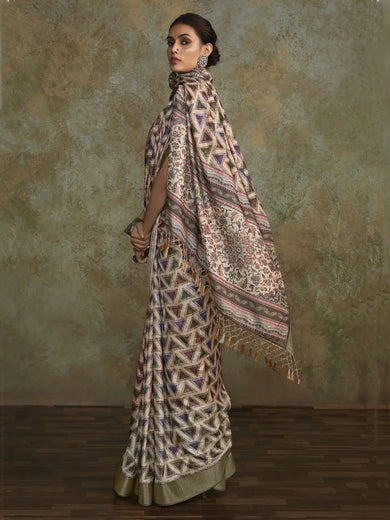 Beautiful Off-White Digital Printed Silk Function Wear Saree With Blouse